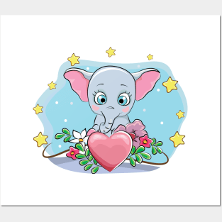 Cute elephant with heart and stars Posters and Art